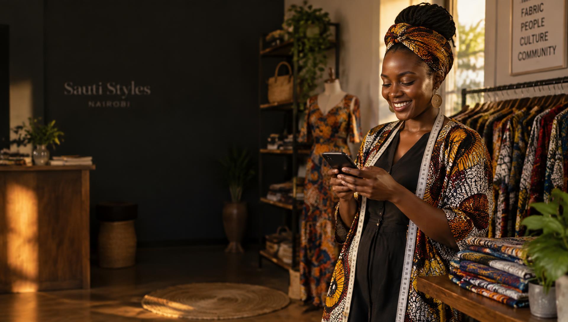 Boutique owner smiling at her phone